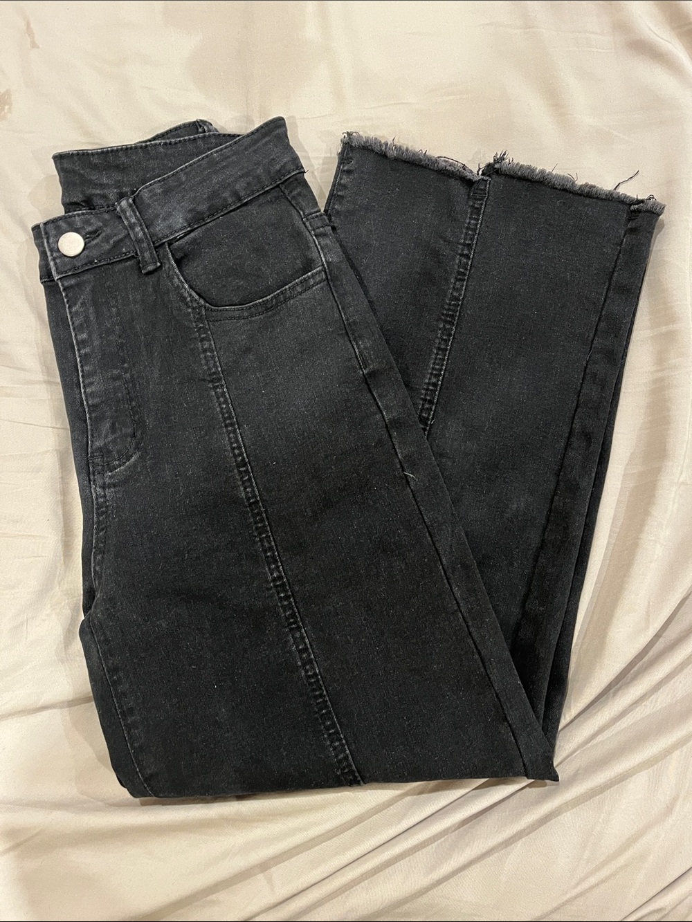 Black High-Rise Straight Jeans with Raw Hem